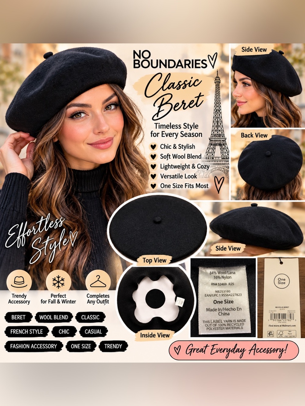 No Boundaries Black Wool Beret